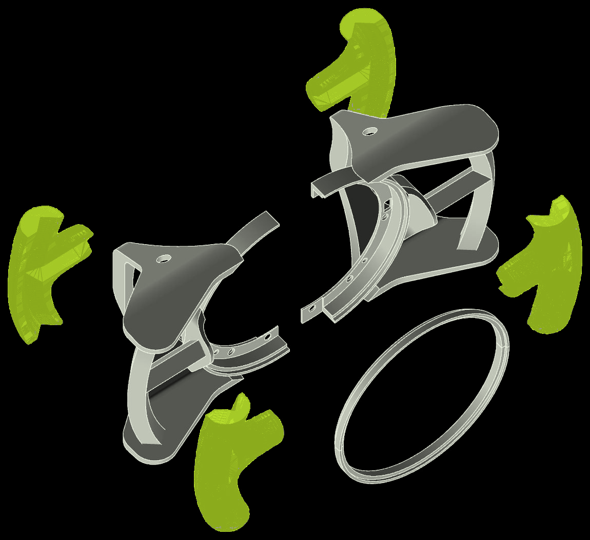 Exploded view of the kit: two black spoke plates, a clamp ring, and four lime grip sections